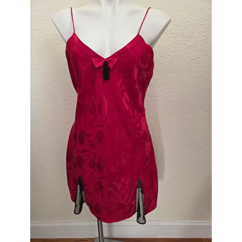 Vintage Victoria's Secret Red Satin Slip Dress with Sheer Trim M gold label
